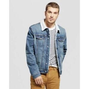 Goodfellow & Co. Sherpa Lined Denim Trucker Jacket Faux Fur Blue Wash Mens XL